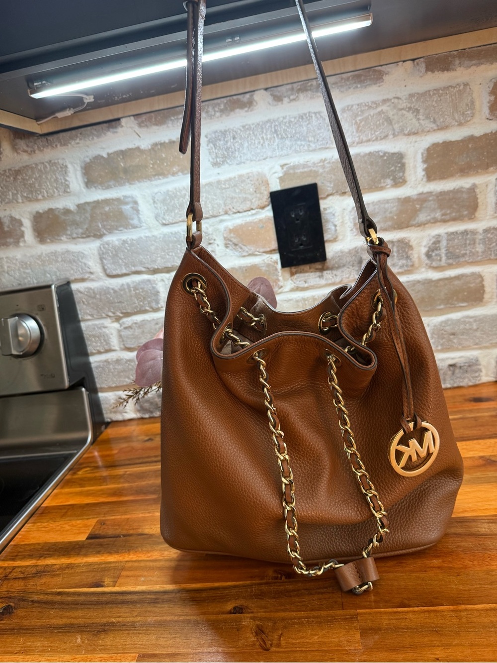 Michael Kors Brown Leather Chain-Accent Shoulder Hobo